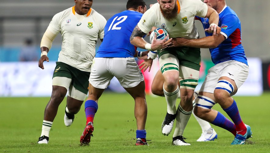 South Africa's RG Snyman goes through Namibia's Peter John Walters and Johan Retief during the 2019 Rugby World Cup match at the City of Toyota Stadium, Toyota City, Japan. ..Photo by Icon Sport - RG SNYMAN - Johan RETIEF - Toyota - Toyota (Japon)