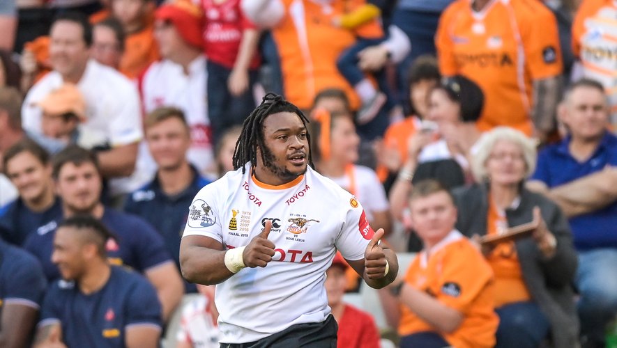 Joseph Dweba of the Free State Cheetahs celebrates after scoring the first try of the match during the 2019 Currie Cup Rugby Final match between Toyota Free State Cheetahs and The Xerox Golden Lions at Toyota Stadium, Bloemfontein on 07 September 2019.
Photo : PA Images / Icon Sport