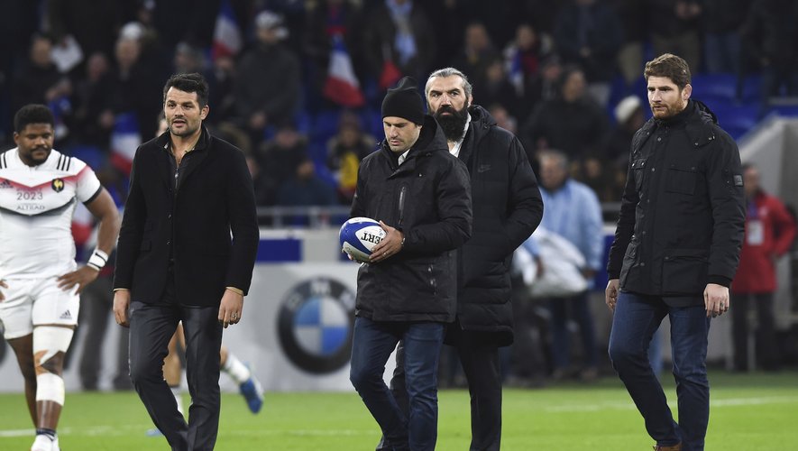 Fabrice Estebanez, Frederic Michalak, Sebastien Chabal and Pascal Pape during the rugby test match between France and New Zealand at Stade des Lumieres on November 14, 2017 in Lyon, France. (Photo by Alexandre Dimou/Icon Sport)