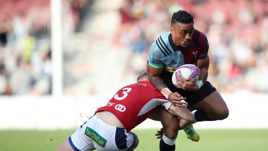 Harlequins' Francis Saili and Agen's Alban Conduche during the Challenge Cup match between Harlequins and SU Agen on October 13, 2018 in UK. 
Photo by Davy / Pa Images / Icon Sport