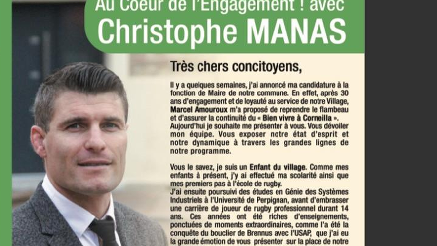 Extrait de l’affiche de campagne municipale 2020 de Christophe Manas, pour sa commune de Corneilla-del-Vercol : "Au cœur de l’engagement", en lien direct avec ses valeurs de rugbyman.