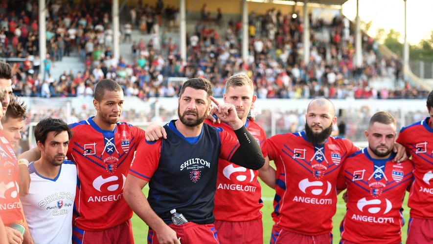 Jonathan Best of Beziers with team-mates during the friendly match AS Beziers Herault and Stade Toulousain at Stade de Sauclieres on August 13, 2019 in Beziers, France. (Photo by Alexpress/Icon Sport)