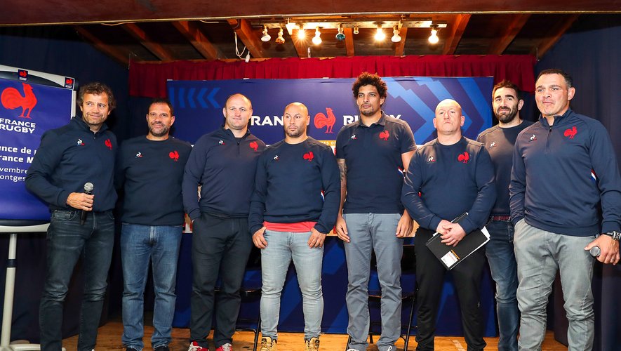 Fabien GALTHIE and Laurent LABIT and William SERVAT and Thibault GIROUD and Karim GHEZAL and Shaun EDWARD and Raphael IBANEZ   during the presentation of the new staff of the French Rugby team on November 13, 2019 in Cahors, France. (Photo by Manuel Blondeau/Icon Sport) - Fabien GALTHIE - Laurent LABIT - Shaun EDWARDS - Raphael IBANEZ - William SERVAT - Thibault GIROUD - Karim GHEZAL - Montgesty (France)