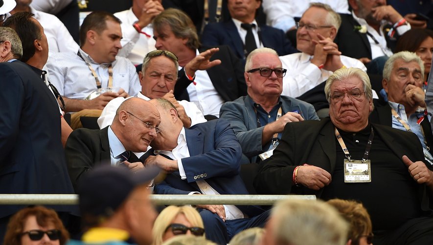 Bernard Laporte President of French Federation of Rugby and Pau Goze President of French League of Rugby during the Top 14 semi final match between Racing 92 and Clermont Auvergne at Orange Velodrome on May 27, 2017 in Marseille, France. (Photo by Alexandre Dimou/Icon Sport)