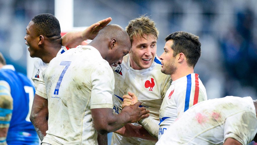 Sekou MACALOU of France celebrates his try with Brice DULIN of France and Anthony JELONCH of France during the Autumn Nations Cup match between France and Italy at Stade de France on November 28, 2020 in Paris, France. (Photo by Sandra Ruhaut/Icon Sport) - Stade de France - Paris (France)