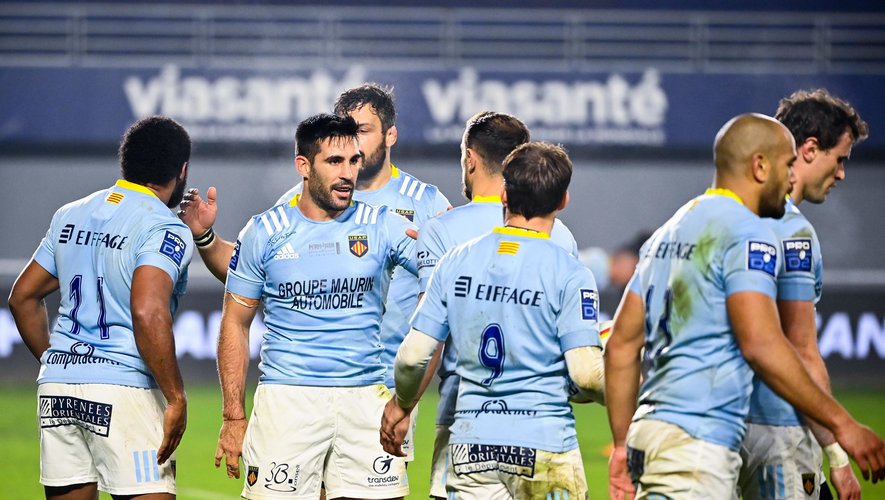 Team of Perpignan celebrates one try  during the Pro D2 match between Perpignan and Colomiers on January 21, 2021 in Perpignan, France. (Photo by Alexandre Dimou/Icon Sport) - --- - Stade Aime Giral - Perpignan (France)
