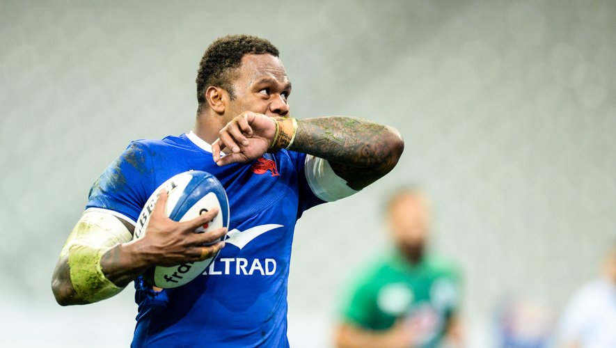 Virimi VAKATAWA of France celebrates his try during the RBS Six Nations match between France and Ireland at Stade de France on October 31, 2020 in Paris, France. (Photo by Sandra Ruhaut/Icon Sport) - Virimi VAKATAWA - Stade de France - Paris (France)