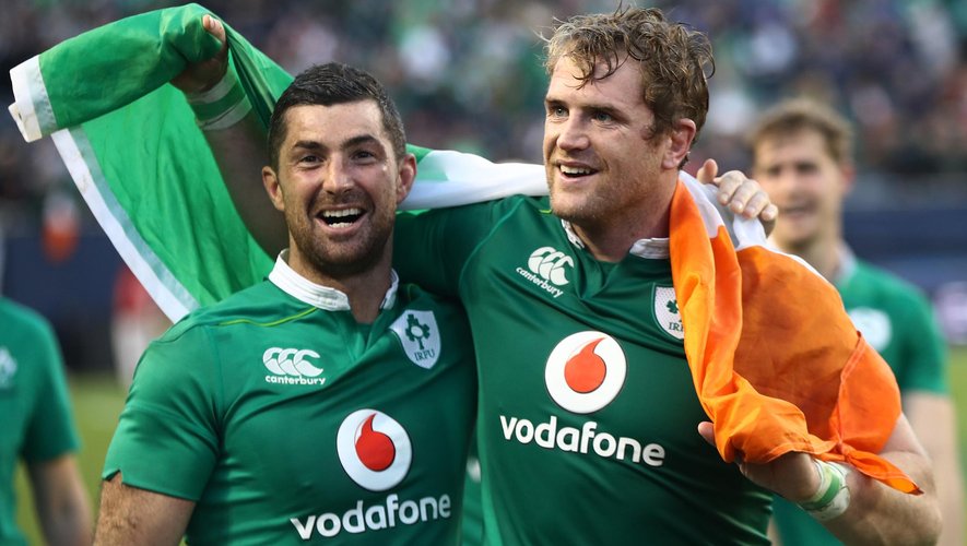 Rob Kearney and Jamie Heaslip of Ireland celebrates following his team's 40-29 victory during the international match between Ireland and New Zealand at Soldier Field on November 5, 2016 in Chicago.