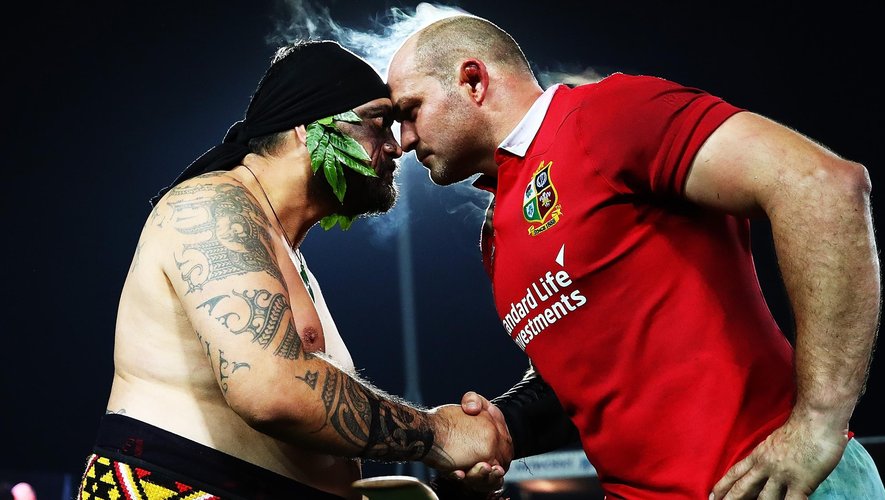 A Maori warrior presents the match Taiaha to Rory Best of the Lions after the match between the Chiefs and the British & Irish Lions at Waikato Stadium on June 20, 2017 in Hamilton, New Zealand