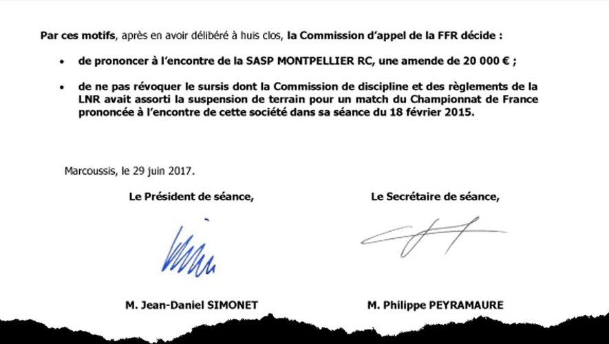 Document entérinant les sanctions à l'encontre du MHR, signé par Philippe Peyramaure