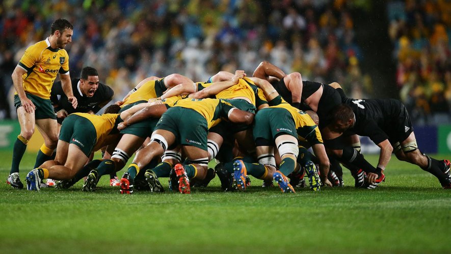 A scrum packs down during The Rugby Championship match between the Australian Wallabies and the New Zealand All Blacks at ANZ Stadium on August 16, 2014 in Sydney, Australia. (Photo by Matt King/Getty Images)