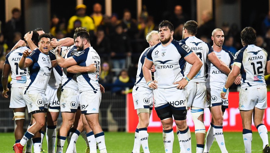 Montpellier Hérault Rugby célébrant sa victoire face à l'ASM le 28/01/2018