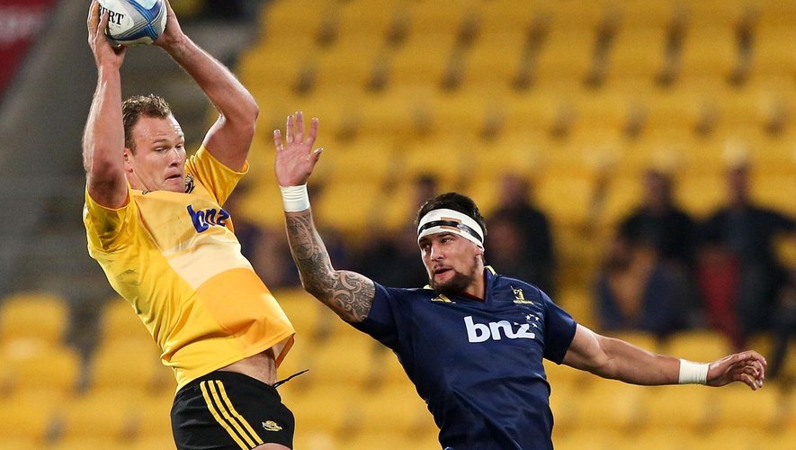 James Broadhurst of the Hurricanes wins a lineout from Shane Christie of the Highlanders during the round 14 Super Rugby match between the Hurricanes and the Highlanders at Westpac Stadium on May 16, 2014 in Wellington, New Zealand.
