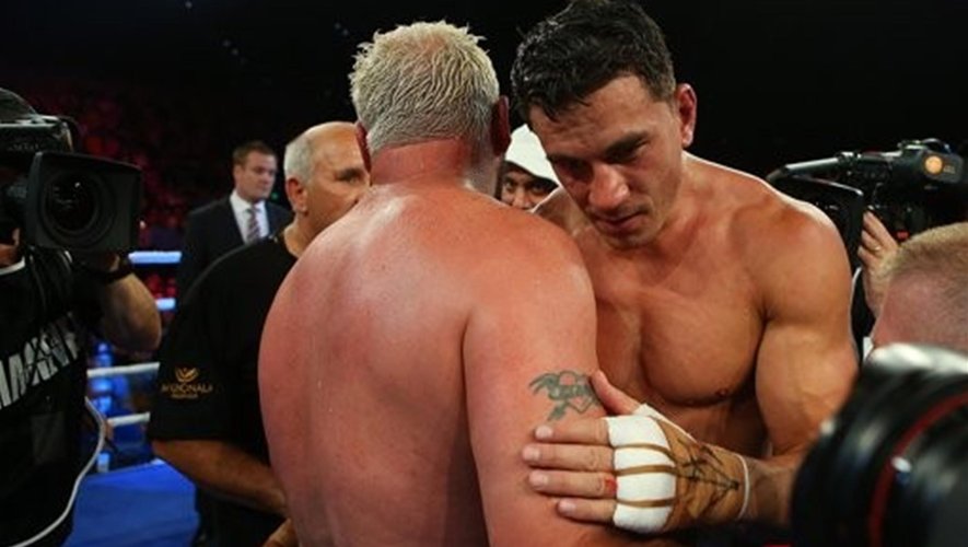 BRISBANE, AUSTRALIA - FEBRUARY 08: Sonny Bill Williams and Fancois Botha hug at the end of the fight. Sonny Bll Williams won their heavyweight bout at the Brisbane Entertainment Centre (photo: Chris Hyde)
