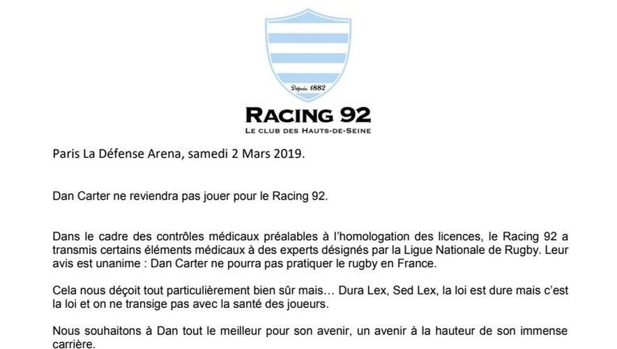 Le communiqué de presse du Racing 92 sur la visite médicale de Dan Carter