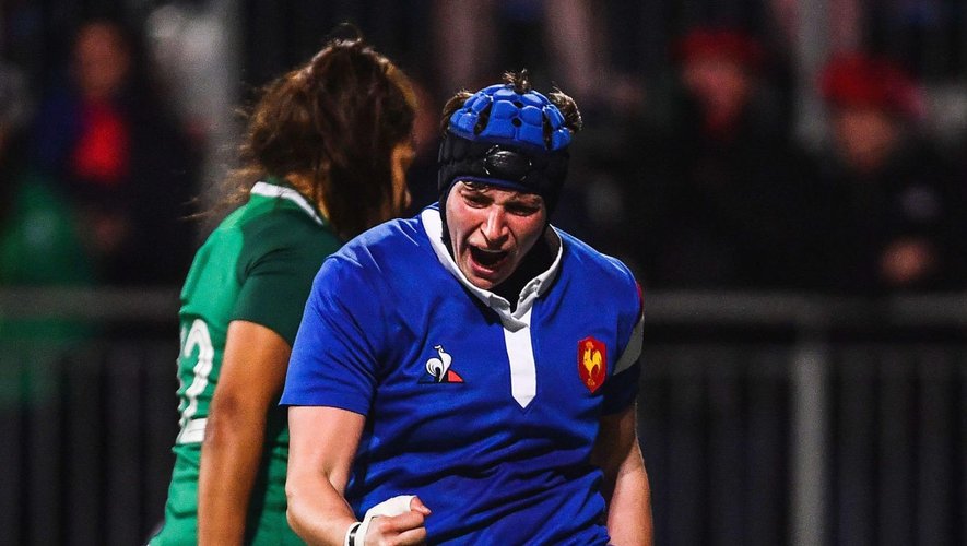 Tournoi des 6 Nations Féminin 2019 - La joie d'Audrey Forlani (France) après avoir marqué un essai contre l'Irlande