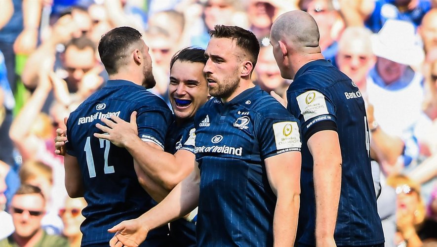 Champions Cup - La joie des joueurs du Leinster après l'essai de James Lowe contre Toulouse en demi-finale