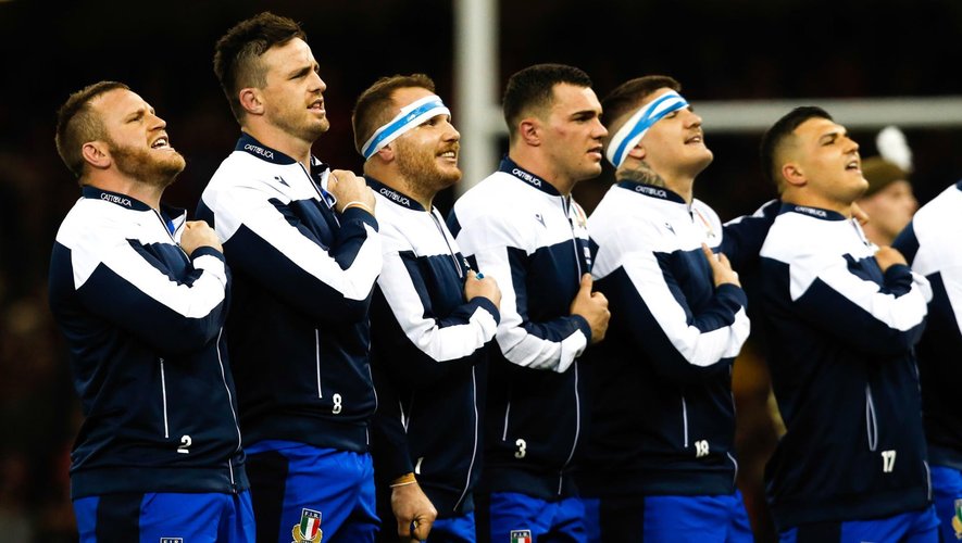 Tournoi des 6 Nations 2020 - L'équipe d'Italie durant les hymnes avant le match au Pays de Galles