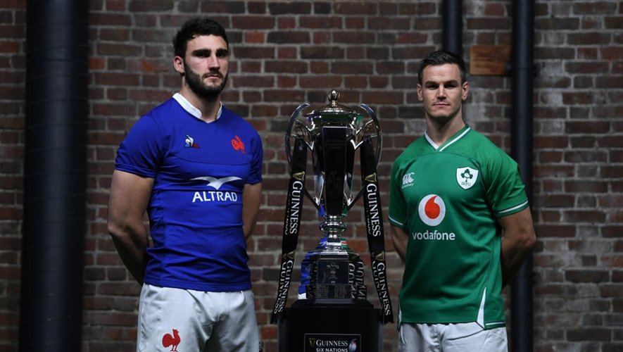 Captains Charles Ollivon of France and Jonathan Sexton of Ireland pose with the Six Nations Trophy during the Guinness Six Nations Launch at Tobacco Dock on January 22, 2020 in London, England