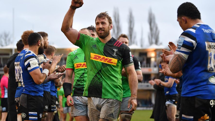 Chris Robshaw of Harlequins celebrates as he leads the team off the field following their victory during the Gallagher Premiership Rugby match between Bath Rugby and Harlequins at the Recreation Ground.