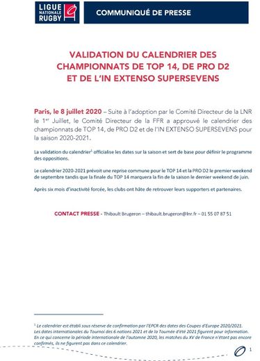 Validation du calendrier des championnats de Top 14, Pro D2 et de l'In Extenso Supersevens