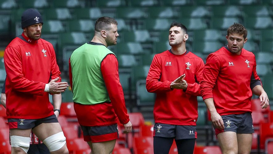 Wales' captain Alun Wyn Jones (L) participates with teammates in the captain's run training session at the Principality stadium in Cardiff, south Wales on March 13, 2020, on the eve of their Six Nations international rugby union match against Scotland.