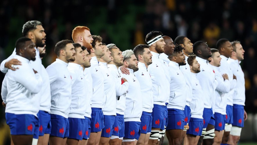 Test match - Le XV de France chante la Marseillaise à l'AAMI Park de Melbourne