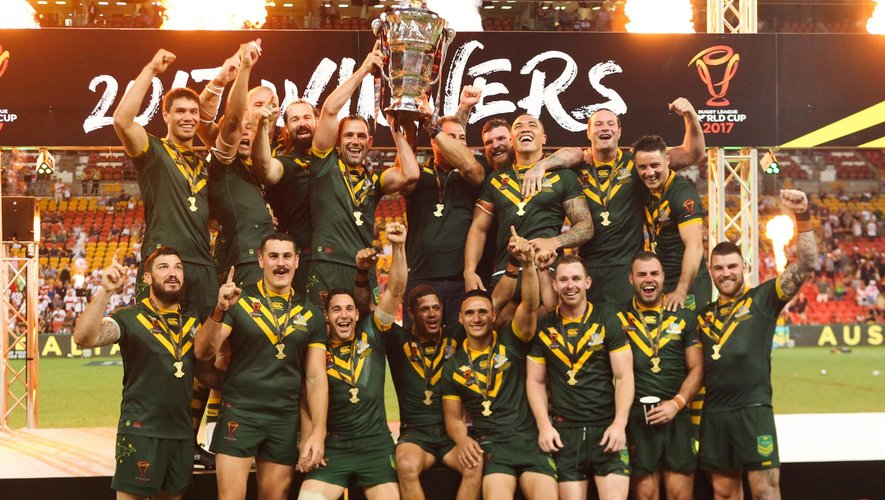 Team Australia celebrate his victory during the 2017 Rugby League World Cup Final