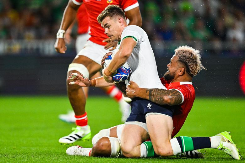 Faia Fifita per Tonga contro l'Irlanda nella Coppa del mondo di rugby 2023.