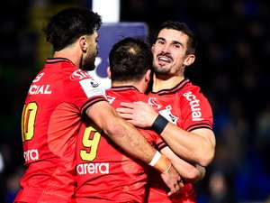 Antoine Dupont, Romain Ntamack et Thomas Ramos lors d'un match du Stade Toulousain à Ernest-Wallon