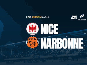 Joueurs de rugby Nice et Narbonne en action pendant un match de Nationale intense